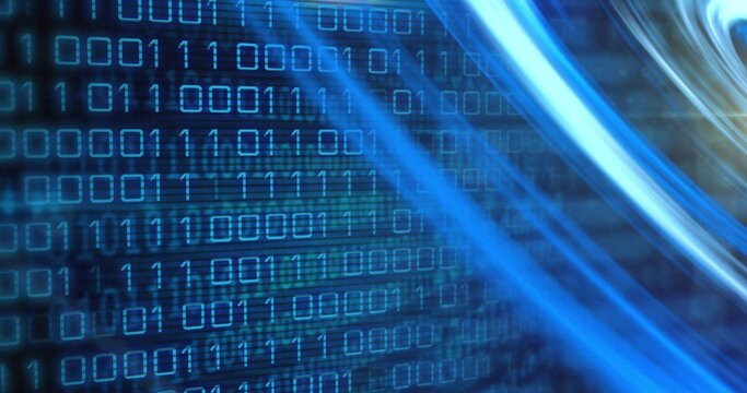 Streaming binary matrix sweeping across digital scene, showing cyan streaks, scan-line textures