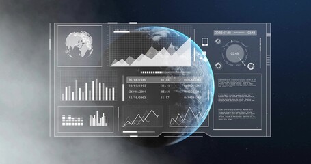 Fototapeta premium Displaying transparent holographic HUD hovering in orbit over Earth, showing charts, timer 03:48