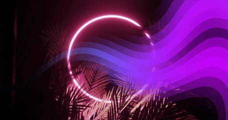 Glowing circular neon ring centered on hazy stage, rim-lighting palms and sweeping purple ribbons