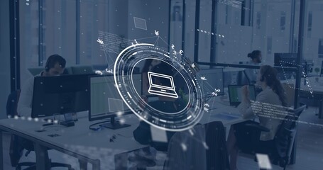 Working five office workers wearing business-casual using headsets at open office, with HUD overlay