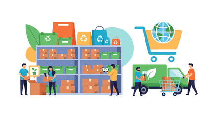 Naklejka premium Green Supply Chain & Sustainable E-commerce Logistics. Eco-Friendly Delivery, Recycling, and Ethical Packaging Solutions.