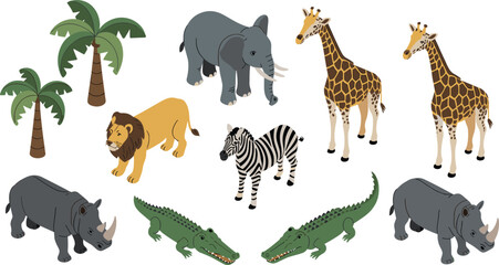African safari wildlife isometric animal set, elephant, giraffe, lion, zebra, crocodile, rhinoceros, palm trees, savanna nature vector illustration © MdAhasan