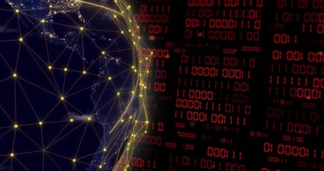 Fototapeta premium Displaying stylized Earth with yellow nodes and golden lines at left of center, red binary panels