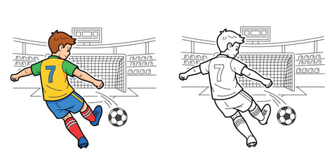 Cartoon boy playing soccer in stadium, colorful illustration and black and white coloring book page vector © SHOHAG