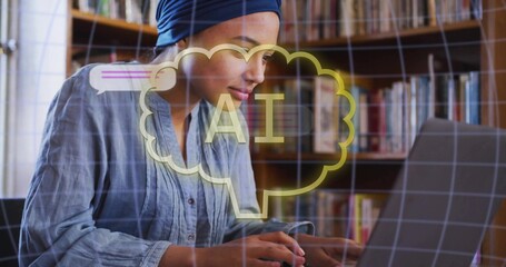 Working woman with dark headwrap typing on laptop at desk amid wooden bookshelves, with AI overlay