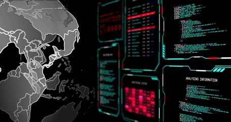 Fototapeta premium Showing globe on ops dashboard showing eastern hemisphere with HUD and ANALYSING label, copy space