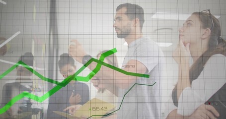 Discussing four-person team in tees pointing at glass wall in office, adding notes, green graph