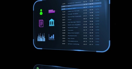 Floating curved transparent holographic panel showing financial table in dark studio, with UI icons