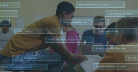 Leaning male student in mustard tee and jeans pointing at papers in classroom, laptops and prompts © vectorfusionart