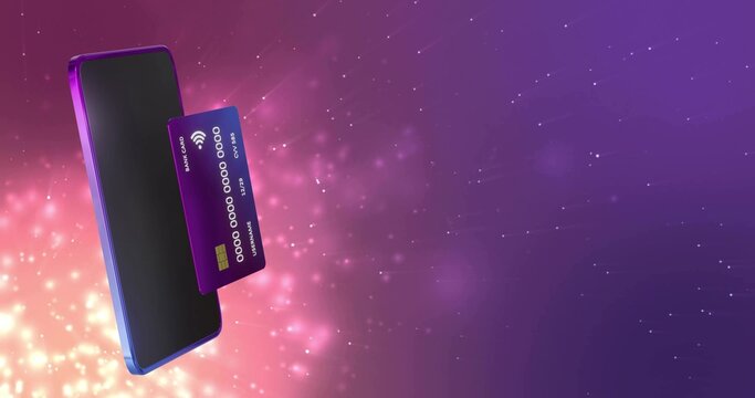 Floating phone and purple credit card hovering in studio with contactless symbol, bokeh, copy space