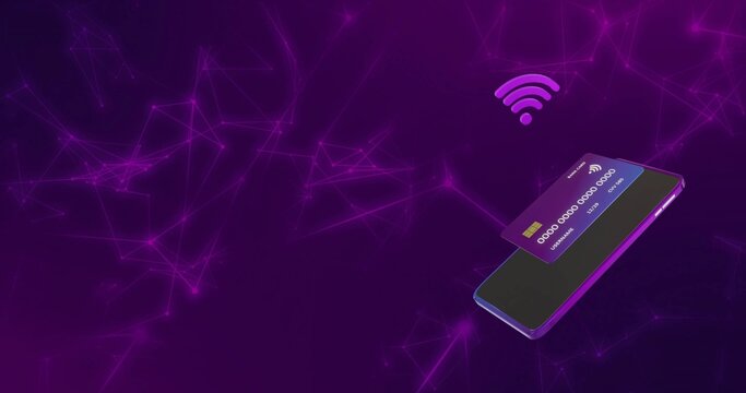 Floating purple smartphone holding EMV card with contactless icon in tech network, copy space