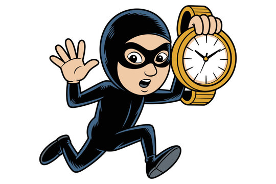A cartoon thief running with a large golden wristwatch in hand quickly