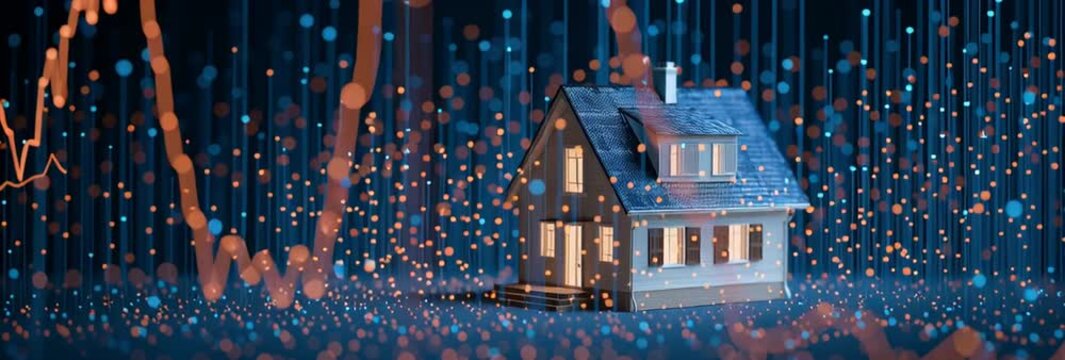 Smart property management system concept with digital house and real-time data analytics.