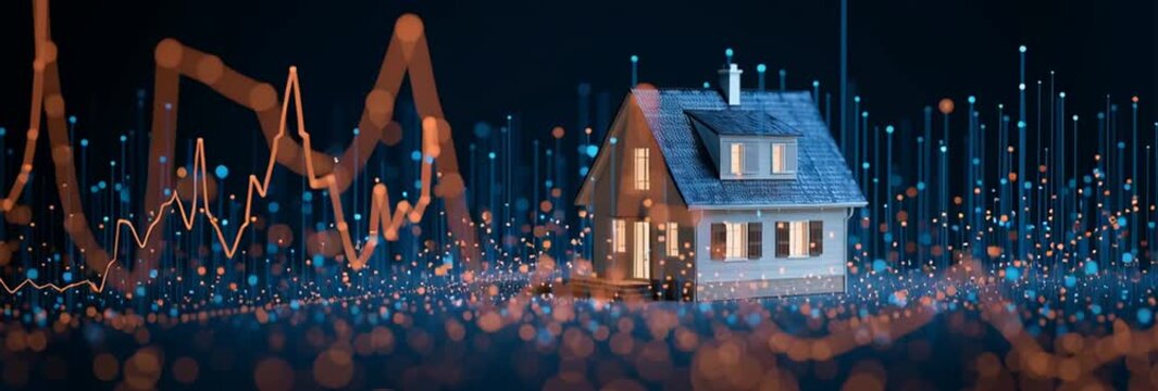  Futuristic property market prediction with glowing house hologram and upward data line