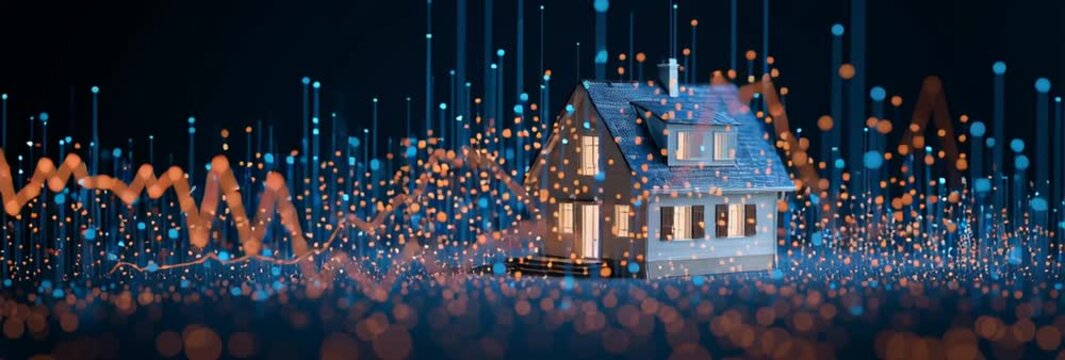  Real estate market analytics dashboard with futuristic house hologram and financial graph