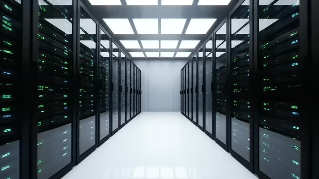 Data Center Server Room Interior with Rows of Racks.