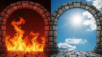 Dramatic fire through ancient stone arch revealing bright sunny sky landscape