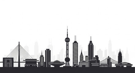 Silhouette of Modern City Skyline with Skyscrapers and Tower.