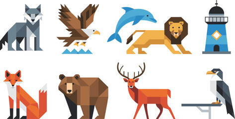 Geometric wildlife animal vector set, wolf, eagle, dolphin, lion, fox, bear, deer, falcon lighthouse nature illustration © MdAhasan
