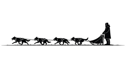 A silhouetted depiction of a dog sled team moving across a snowy landscape with a musher © arfanah02