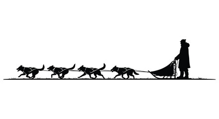 A silhouetted image depicts a musher leading a team of six huskies pulling a sled © arfanah02