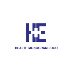 Modern Blue HE Letter Monogram Health Logo with Medical Cross