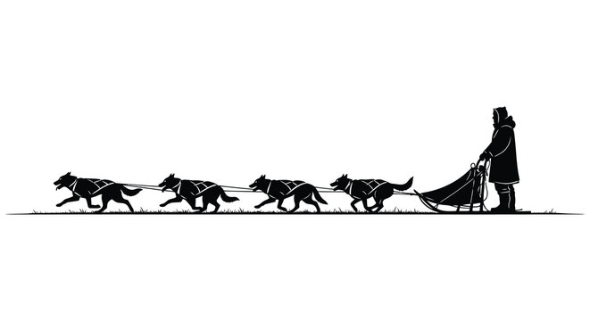 A silhouetted depiction of a dog sled team moving across a snowy landscape with a musher