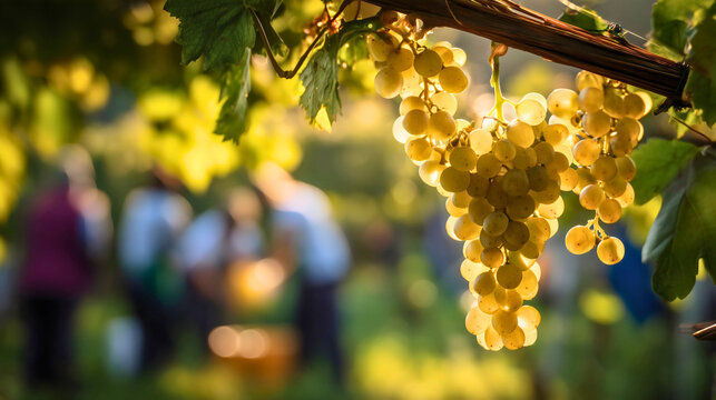 Ripe white grapes on the vine in a beautiful vineyard, golden hour sunlight, blurred farm workers harvesting in background.