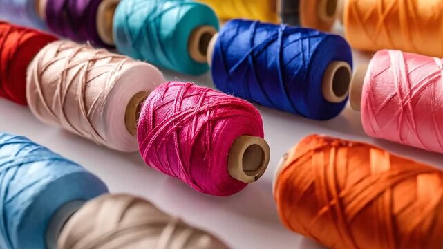 Colorful spools of thread arranged in neat rows, perfect for sewing and crafting projects.