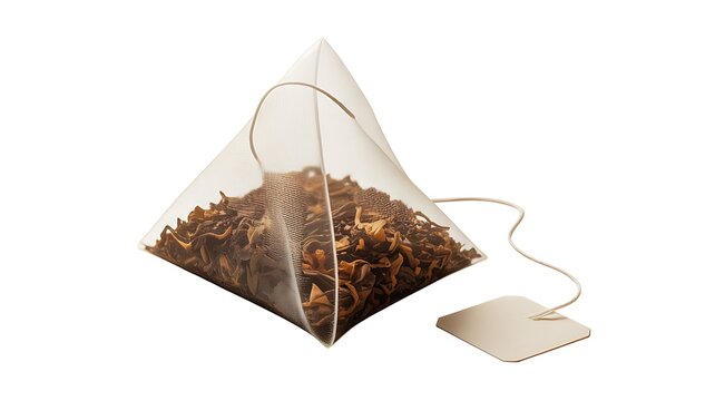  Pyramid tea bag with brown tea isolated PNG on transparent background, herbal beverage for relaxation and wellness.