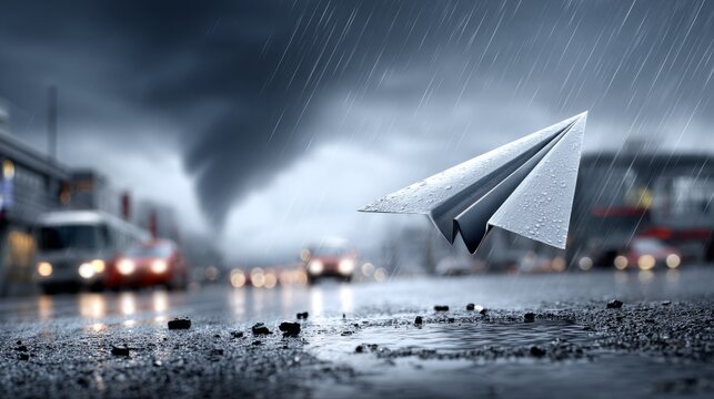 A paper plane glides through rain, showing resilience amid storm clouds and a distant tornado