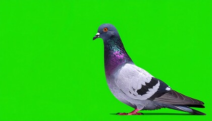 Fototapeta premium A pigeon stands against a bright green backdrop in profile view, its feathers creating beautiful color patterns