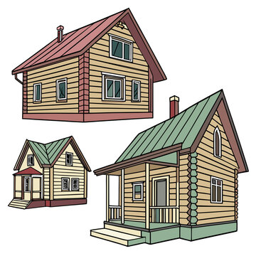 Three different views of a cartoon wooden house with various roof and porch designs