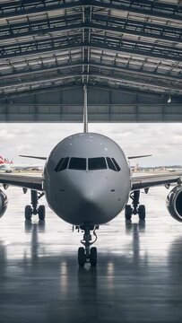 Vertical video: Zooming camera framing plane nose and engines inside hangar bay to show reflections