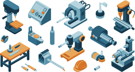 Isometric industrial workshop machinery set with drill press lathe milling machine tools control panel and workbench engineering illustration © MdAhasan