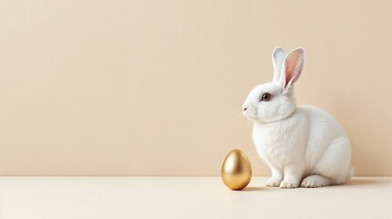 Obraz premium White rabbit sitting next to a golden egg on a beige background. Easter holiday concept with copy space. Minimalist studio shot of a fluffy bunny and metallic egg for banner or greeting card