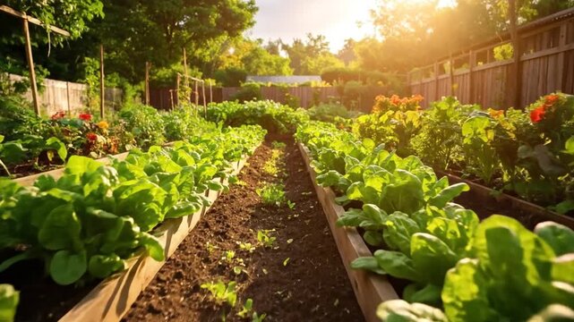 Lush garden beds brimming with fresh, vibrant vegetables and plants, bathed in warm sunlight.
