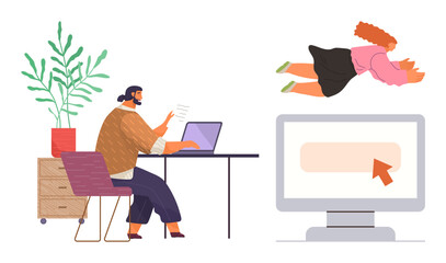 Remote work, creativity, collaboration, workplace innovation, teamwork, online interaction. Man working at desk, woman floating computer screen. Remote work and creativity concept © robu_s