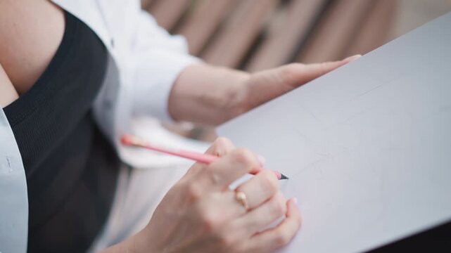 White woman closeup hands sketching clipboard gold rings visible black top white shirt wooden bench backdrop delicate pencil strokes focused composition personal routine precise markmaking
