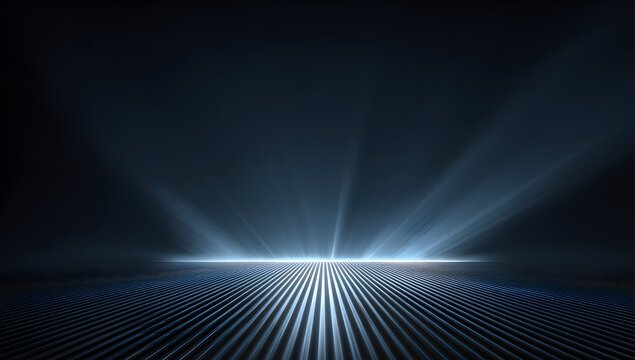 Dark abstract background featuring a bright, horizontal light source emerging from the horizon, casting illumination on a textured floor of parallel lines