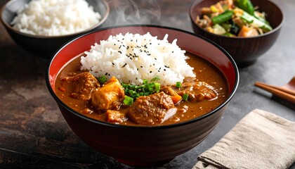 A bowl of Japanese curry with rice, garnish, and vegetables, steaming