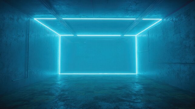 Abstract neon light box shape glowing blue modern design element