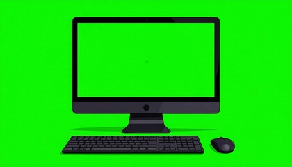 Fototapeta premium A sleek, dark computer with keyboard and mouse, framed by a vibrant green screen backdrop in a digital, flat design