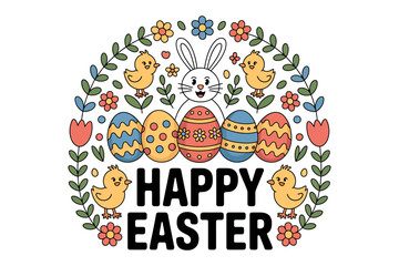 Easter illustration with colorful eggs and bunny in floral wreath