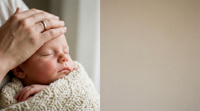 Mother checking baby temperature hand forehead copy space health care sick fever parenting family love tenderness medical routine holding close up portrait clinic childhood