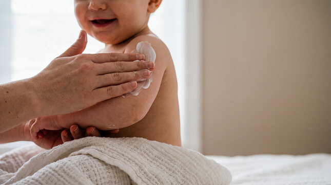 Mother applying body lotion baby skin care copy space hygiene moisturizing cream massage parenting love tenderness family routine bathroom close up portrait soft touch newborn health