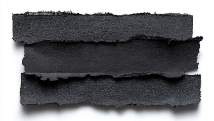 Three layered, torn strips of dark gray paper with uneven edges, arranged on white