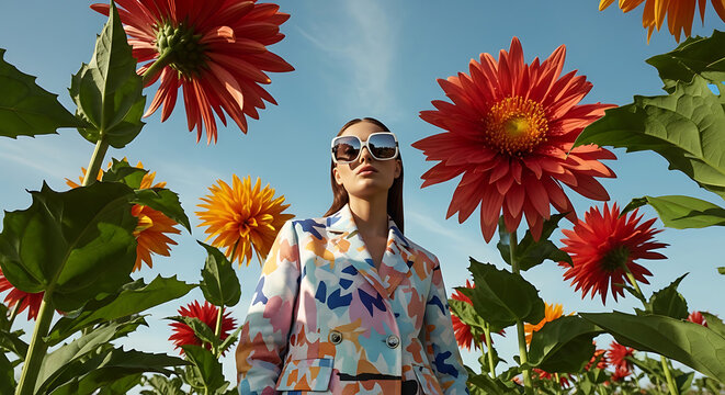 A stylish woman in sunglasses and a floral jacket stands amidst giant vibrant flowers under a blue sky.