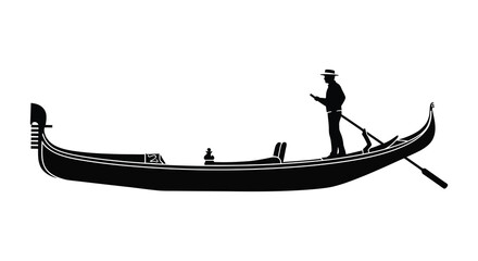 A striking black silhouette depicts a gondolier and his traditional vessel on calm waters silhouette high quality professional © nhpvect02