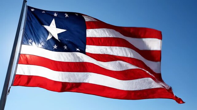 Liberian Flag Waving Proudly Against a Clear Blue Sky.